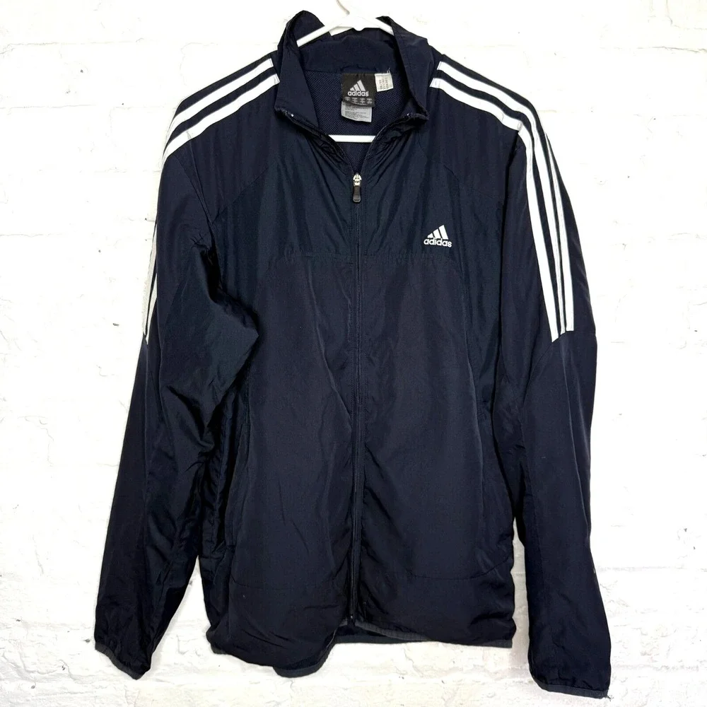 Vintage Adidas Jacket Mens Medium Windbreaker Full Zip Up 3 Stripes Navy Blue